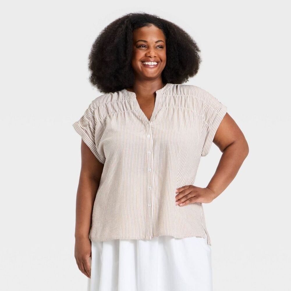 Women's Dolman Short Sleeve Smocked V-Neck Button-Front Top - Tan Striped XXL